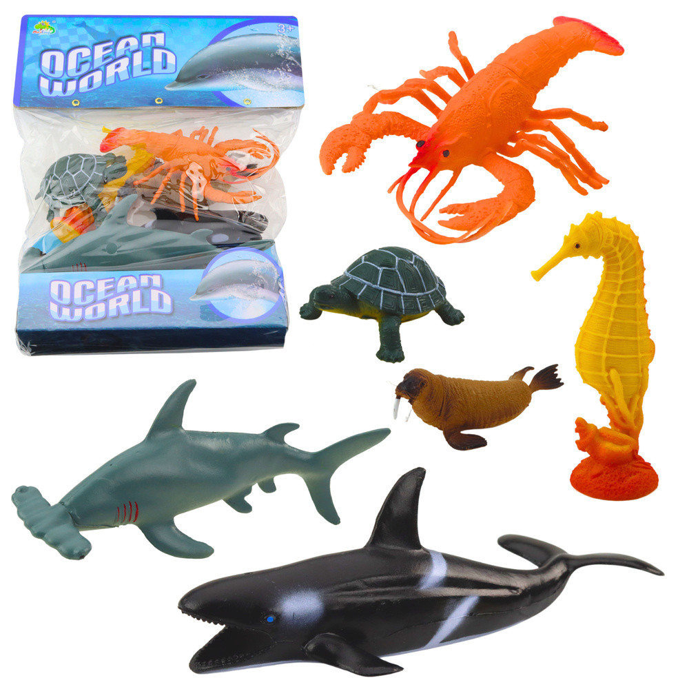 Set of Sea Animals Figurines: Shark, Hammerhead, Killer Whale, Horse, Lobster, Turtle, 6pcs