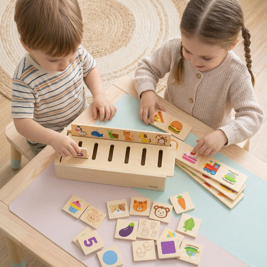 VIGA Fa Oktatási Válogató Vadállatok Gyümölcsök Zöldségek Montessori
