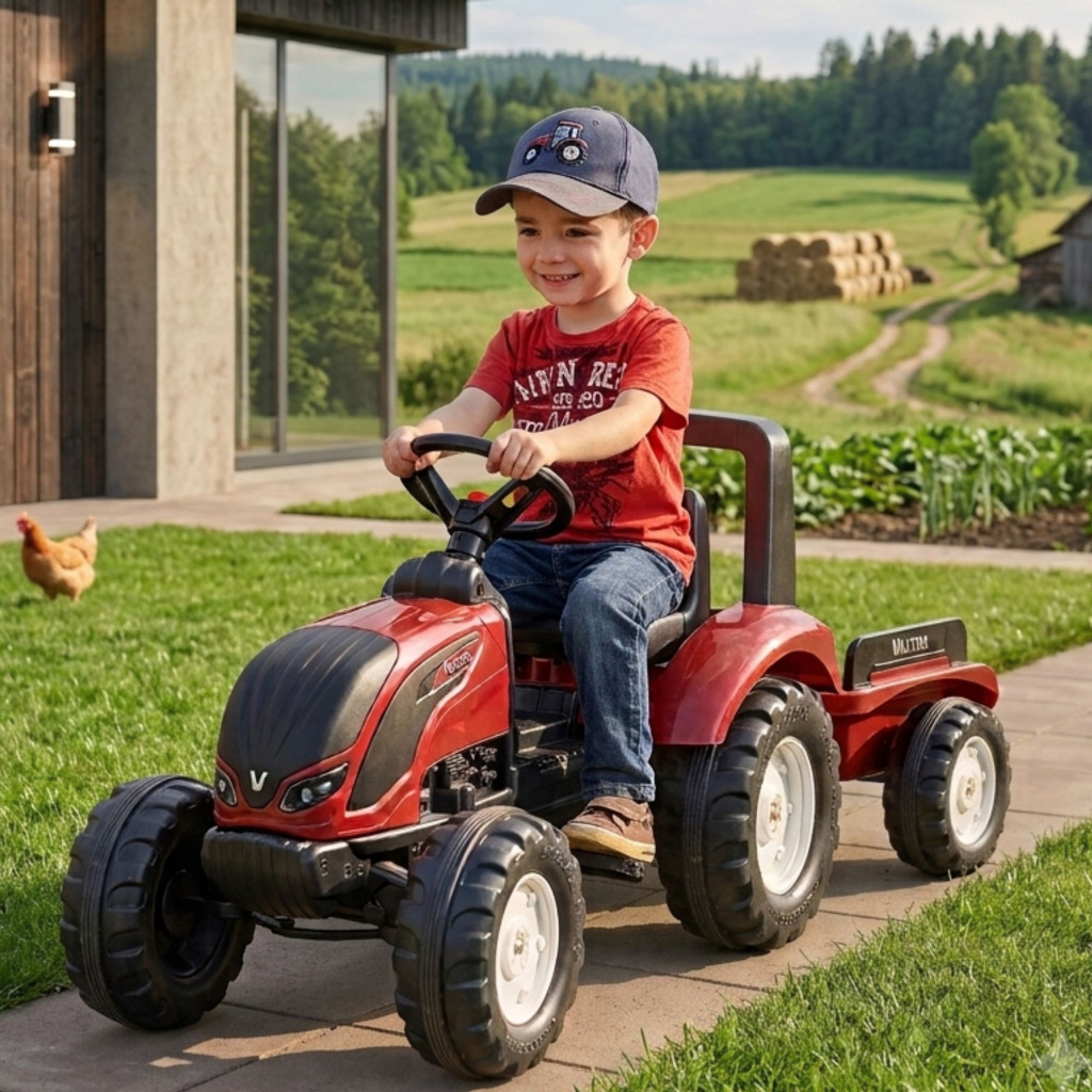 FALK Valtra S4 bordó pedálos traktor utánfutóval