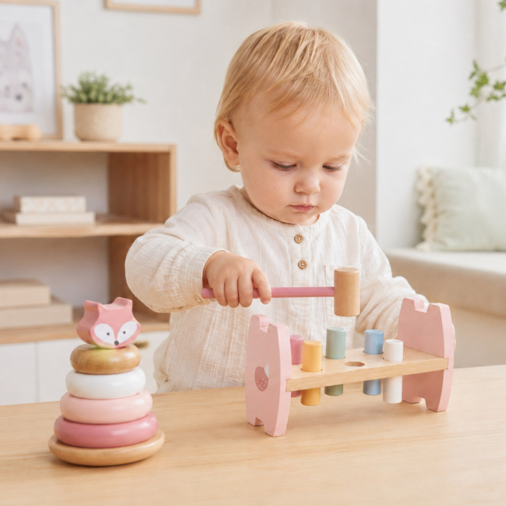 VIGA PolarB fából készült piramis + lyukasztó kalapáccsal Montessori Fox