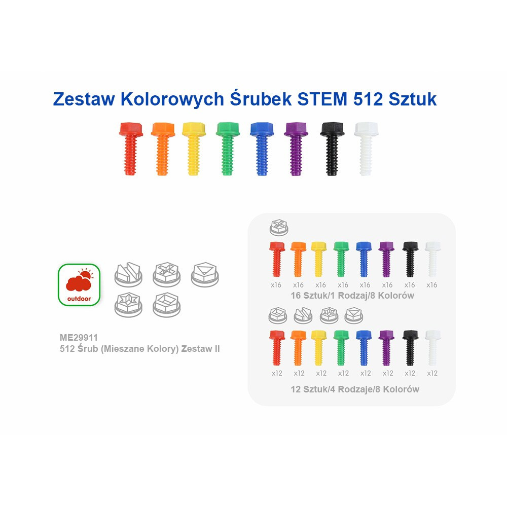 MASTERKIDZ színes csavarok STEM kreatív táblához, 512 db, 5 forma, 8 szín
