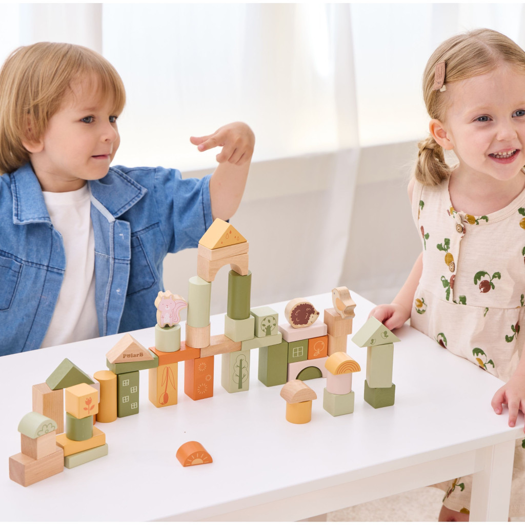 VIGA PolarB fa Montessori állatos építőkockák, 50 részes
