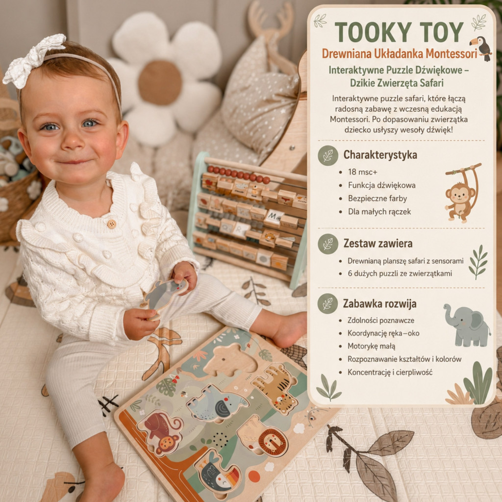 TOOKY TOY Montessori interaktív hangos fa kirakó – szafariállatok