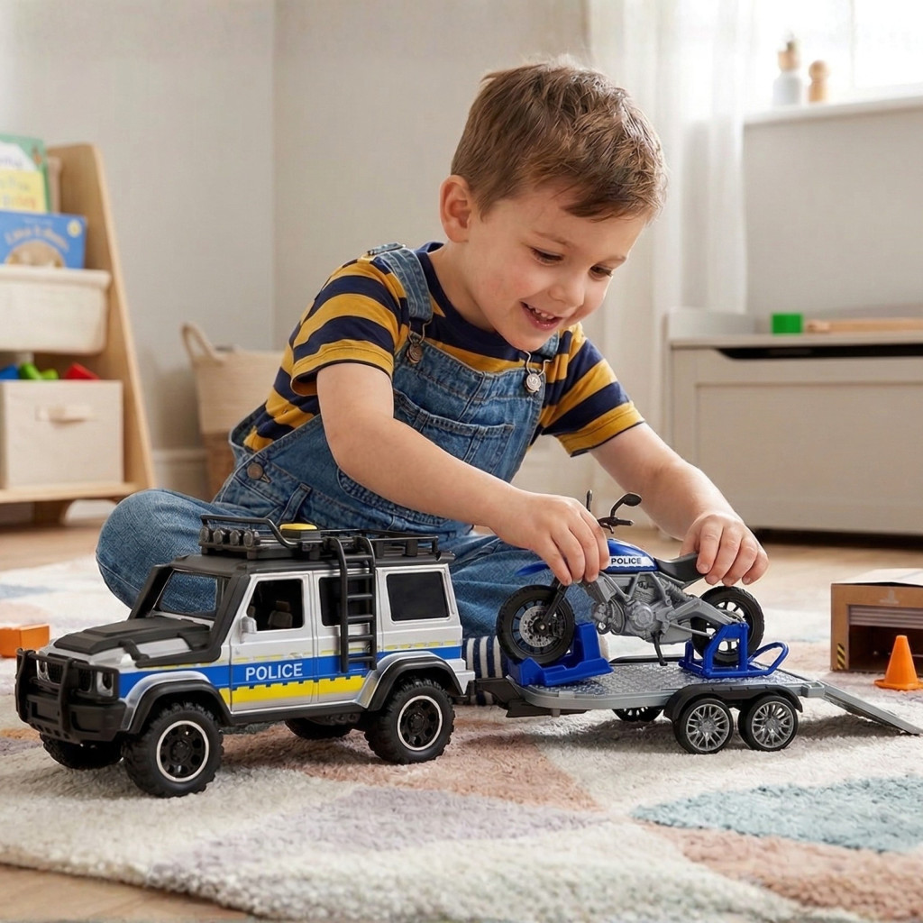 WOOPIE rendőrségi terepjáró rendőrmotorral és utánfutóval