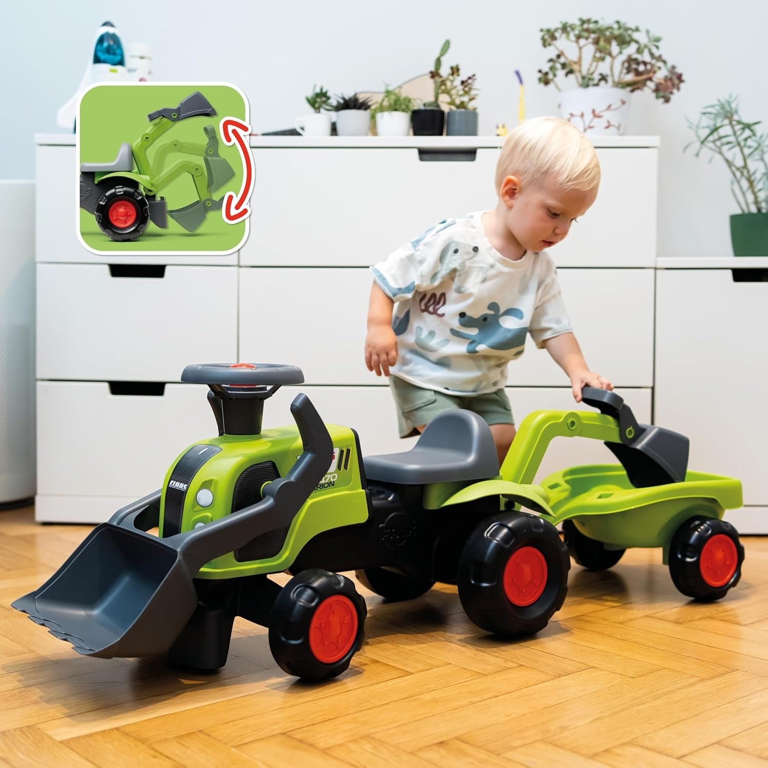 FALK Baby Claas bébitraktor markolóval és utánfutóval