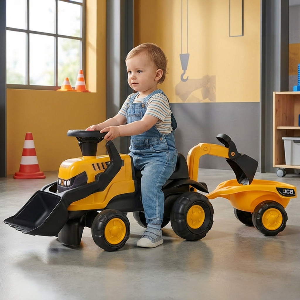FALK JCB bébitaxi utánfutóval, lapáttal és gereblyével