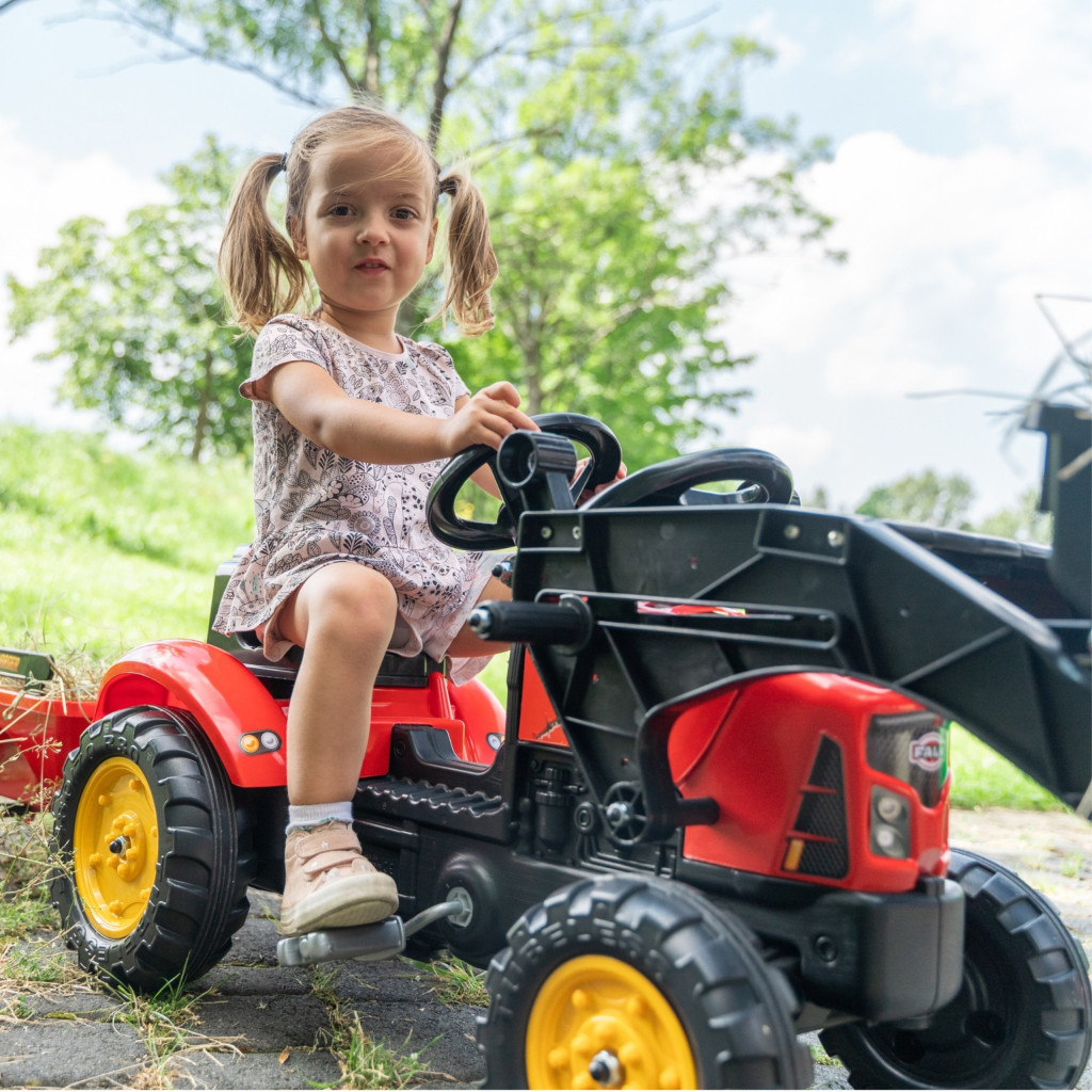 FALK Supercharger piros pedálos traktor kanállal és utánfutóval