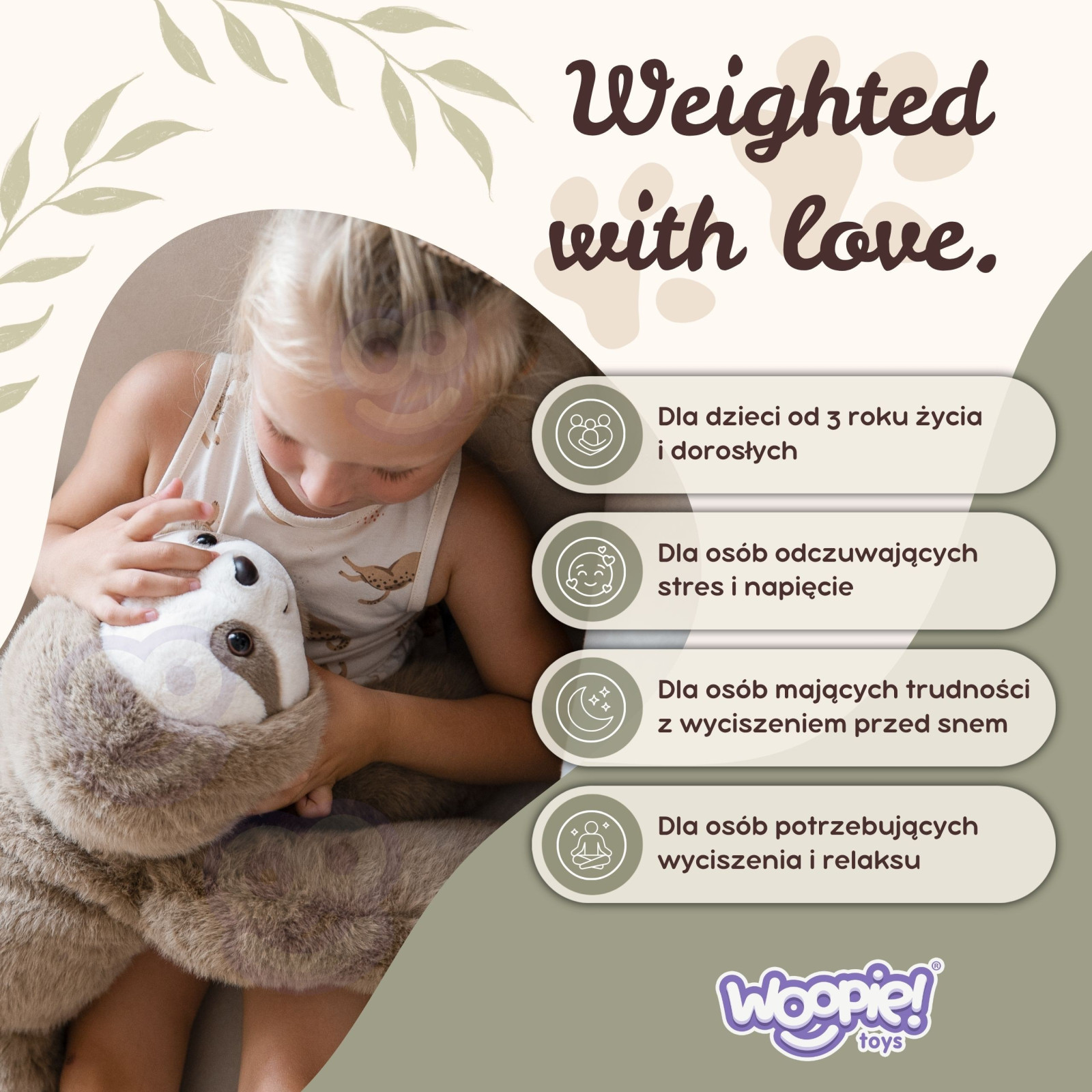 WOOPIE súlyozott plüss lajhár, 65 cm, 1,5 kg