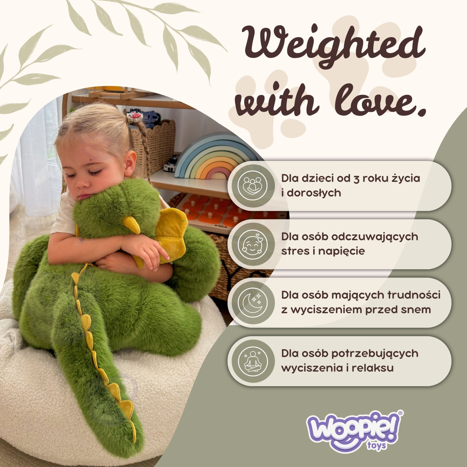 WOOPIE súlyozott plüss dinoszaurusz, 65 cm, 1,5 kg