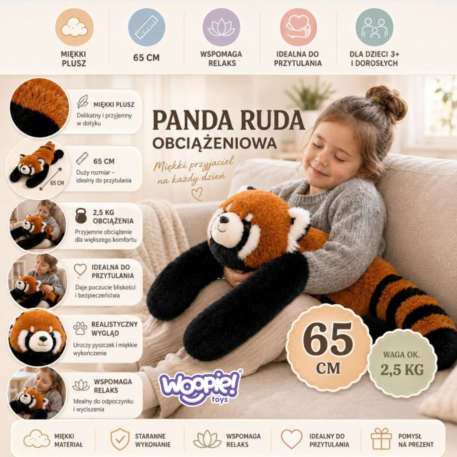 WOOPIE súlyozott plüss vörös panda, 65 cm, 2,5 kg