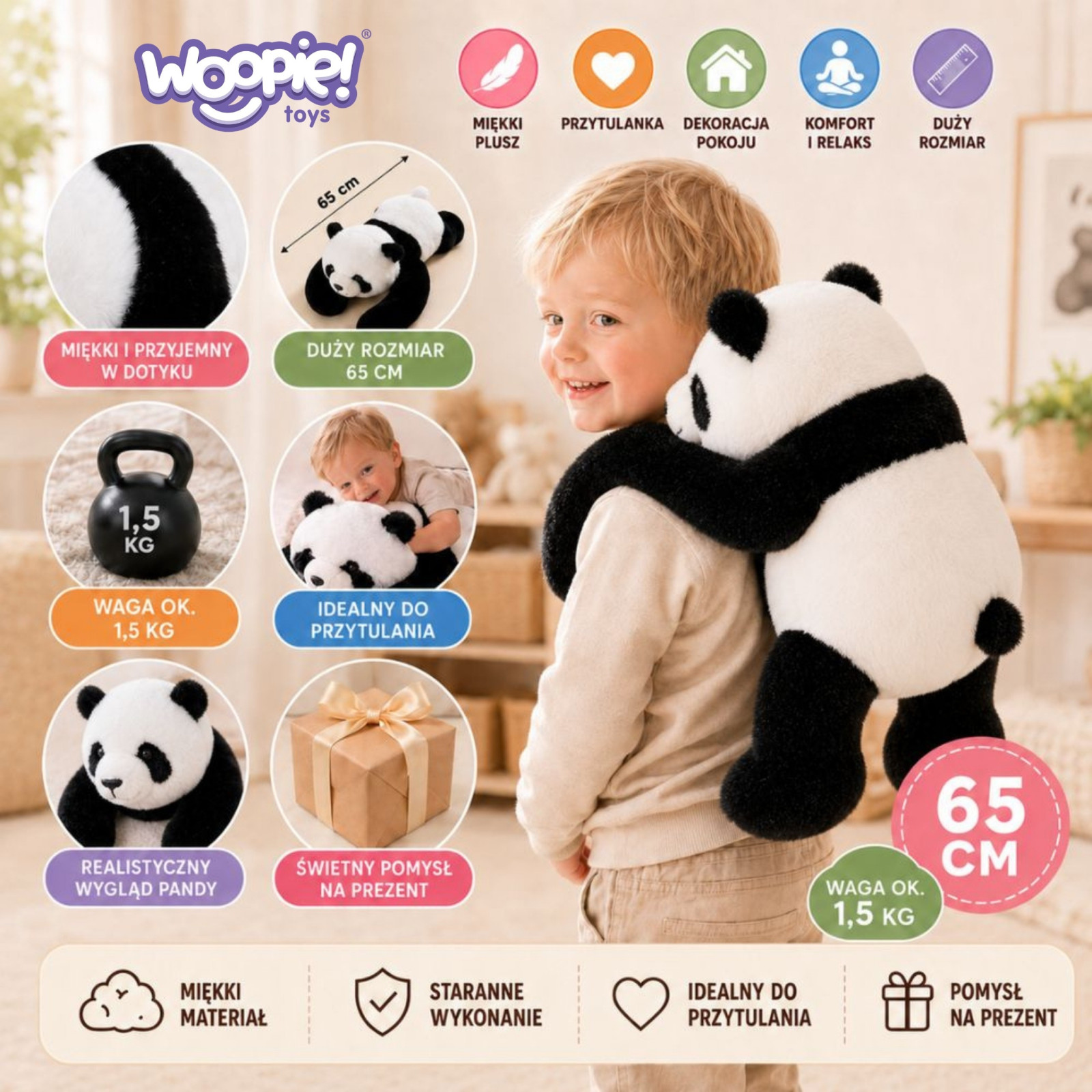 WOOPIE súlyozott plüss panda, 65 cm, 1,5 kg