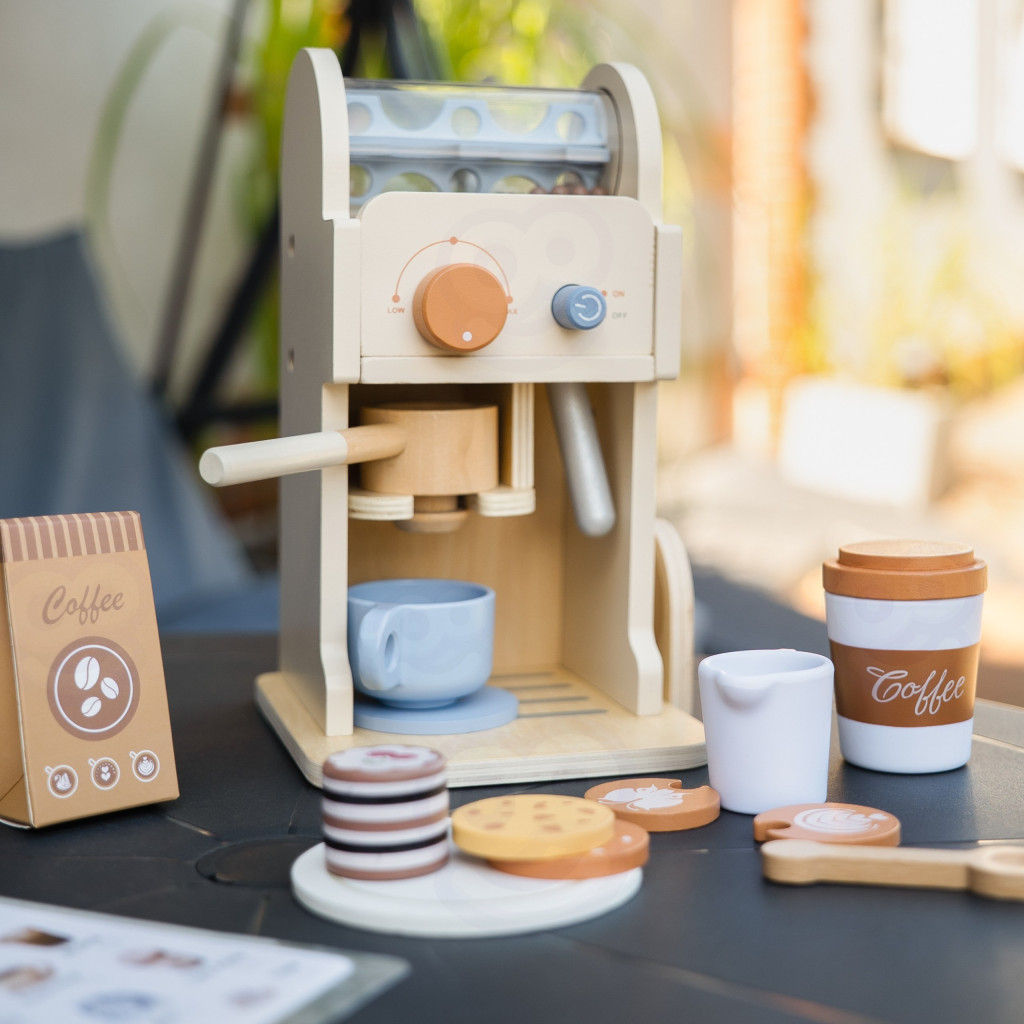 TOOKY TOY fából készült kávéskészlet – Barista eszpresszógép