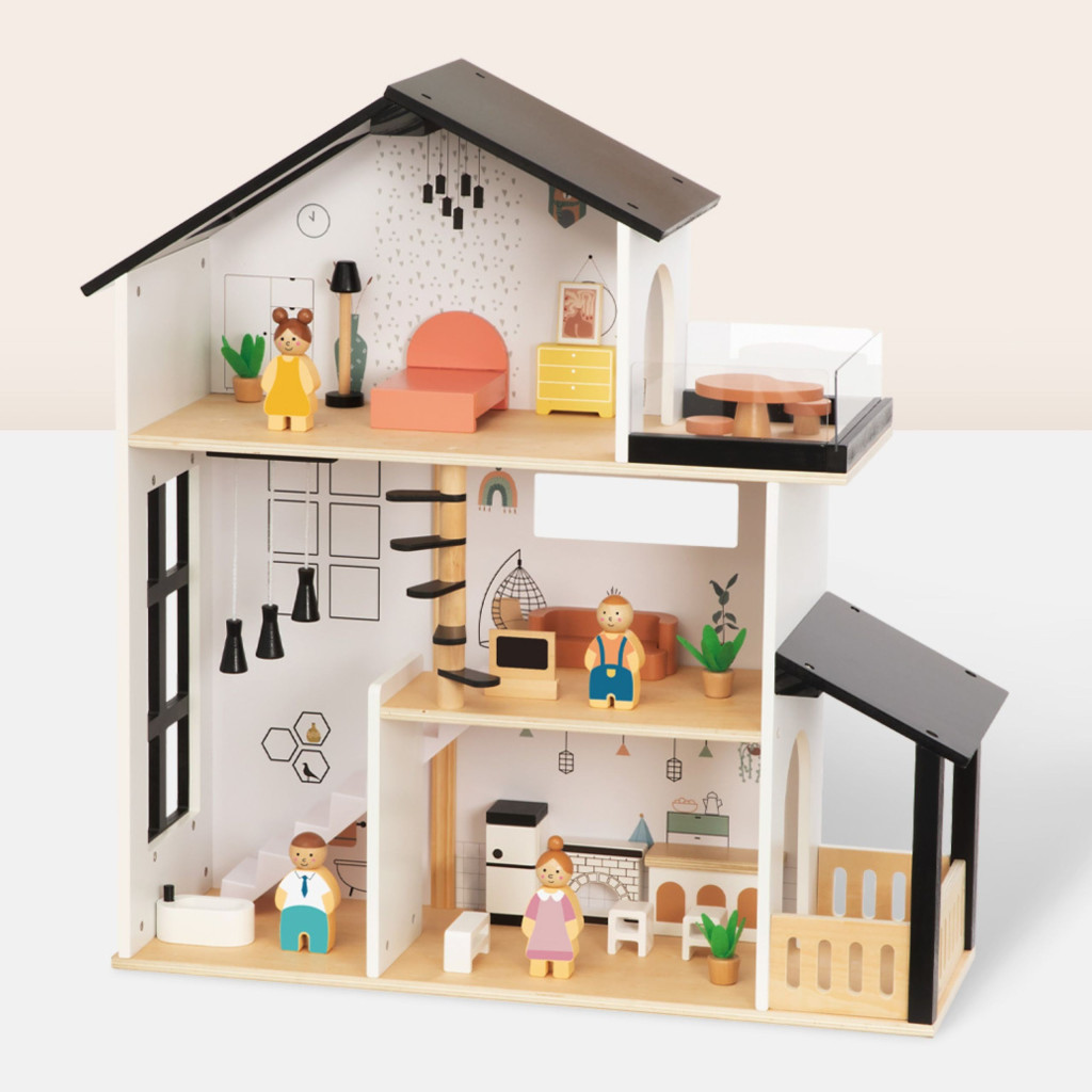 Tooky Toy fa babaház családdal és bútorokkal, 68 cm