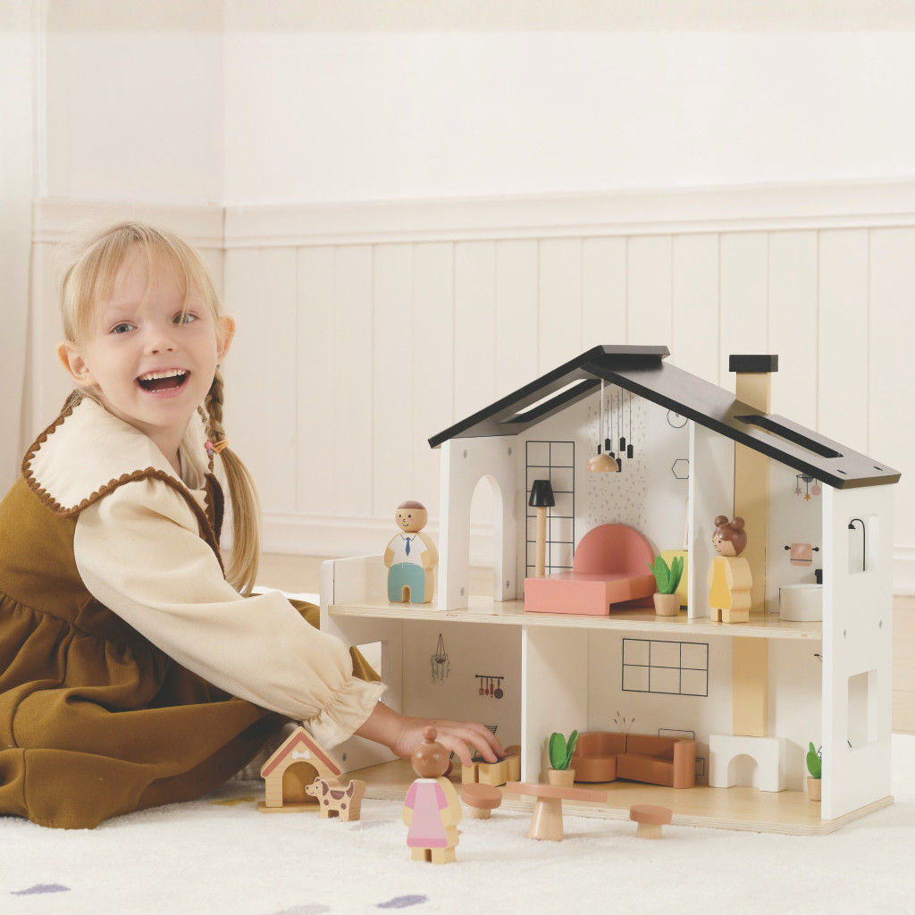 Tooky Toy fa babaház családdal, 20 elemes készlet
