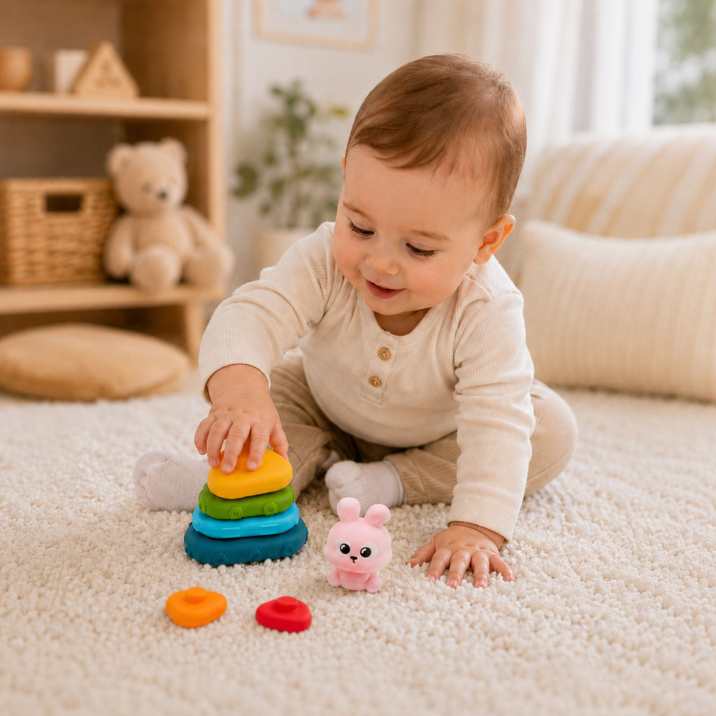 WOOPIE BABY nyuszis szenzoros piramis és formaillesztő torony, 6 hónapos kortól