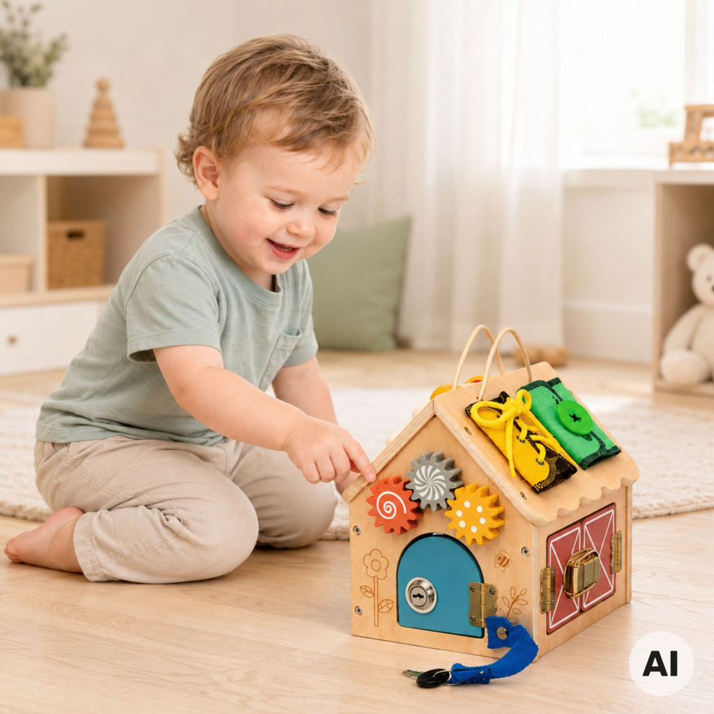 TOOKY TOY fa manipulációs házikó zárakkal