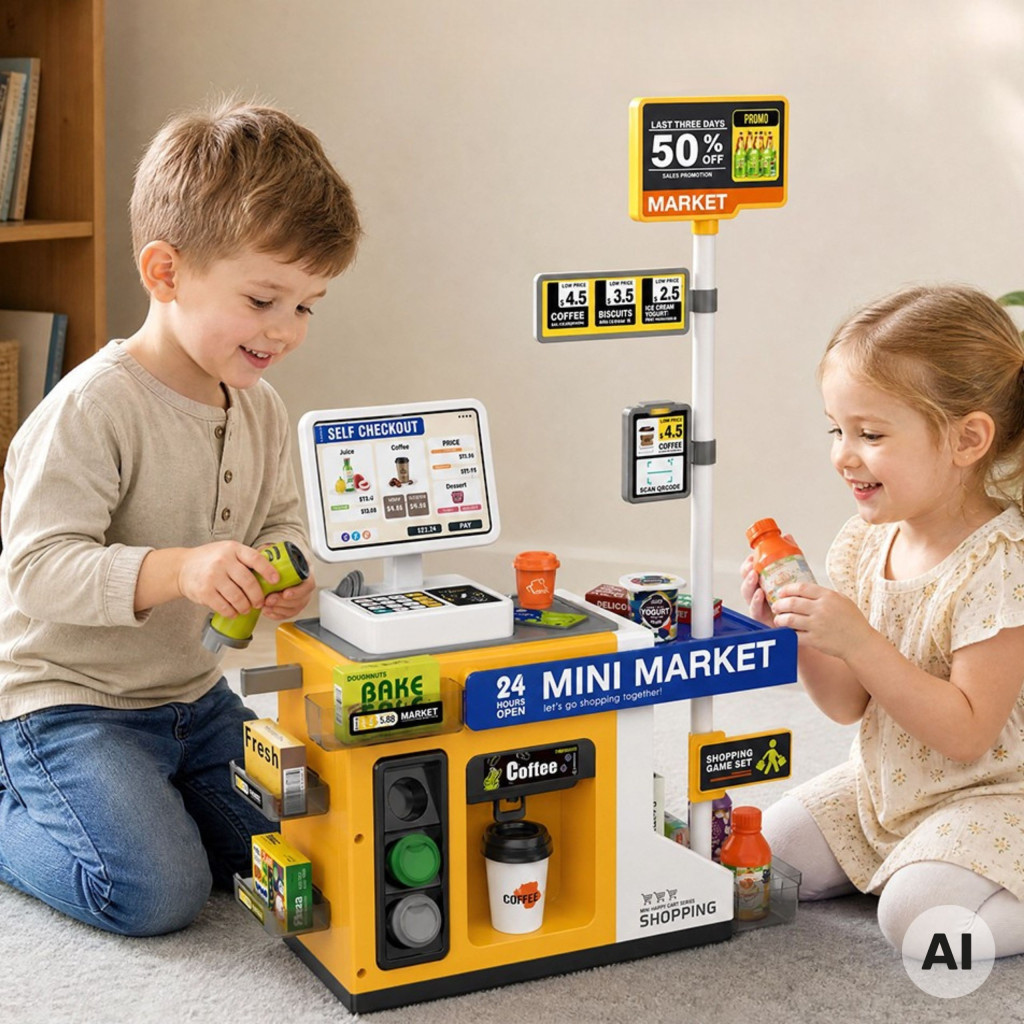 WOOPIE Mini Market Interaktív pénztárgép szkenner tartozékok Hangok Könnyű