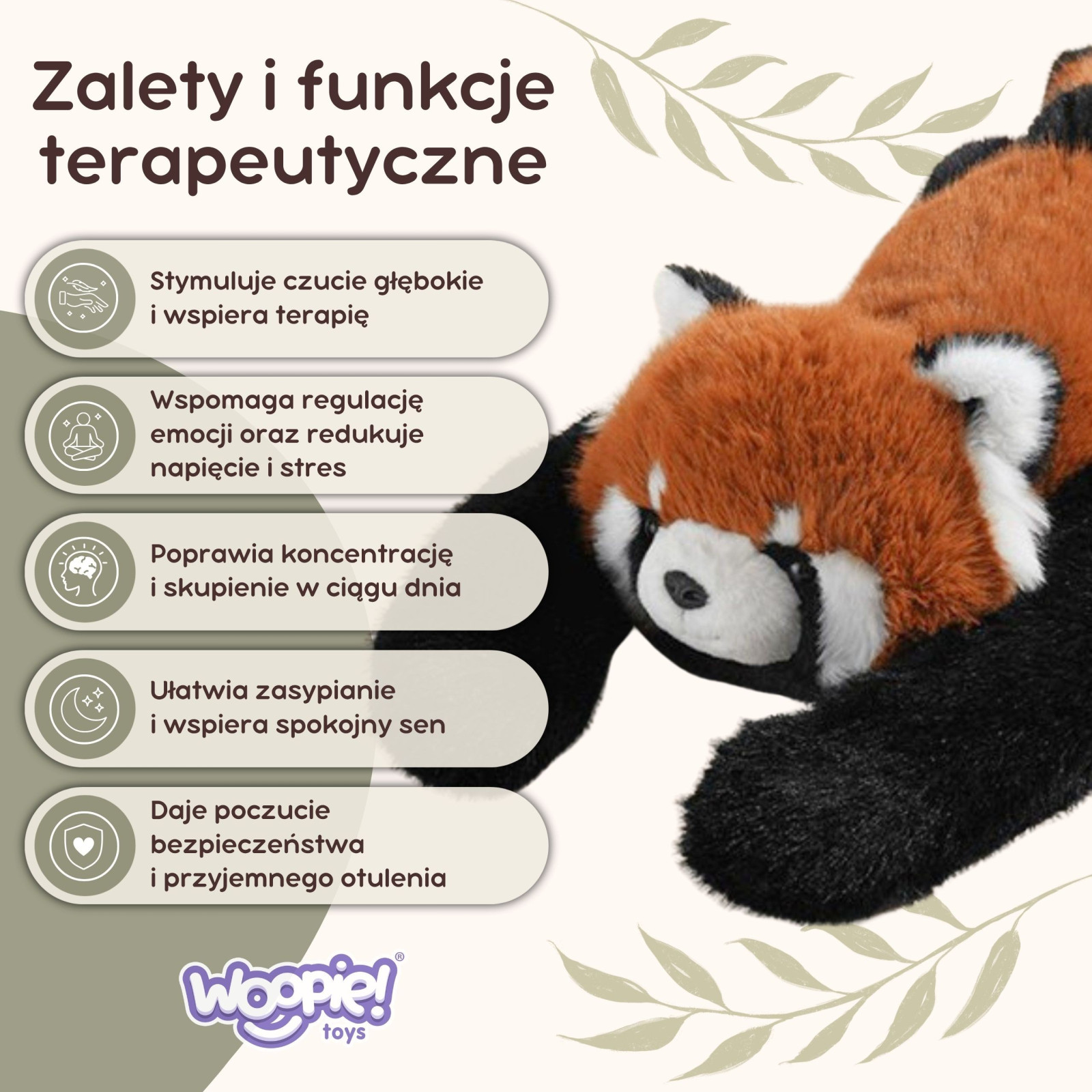 WOOPIE súlyozott plüss vörös panda, 65 cm, 1,5 kg