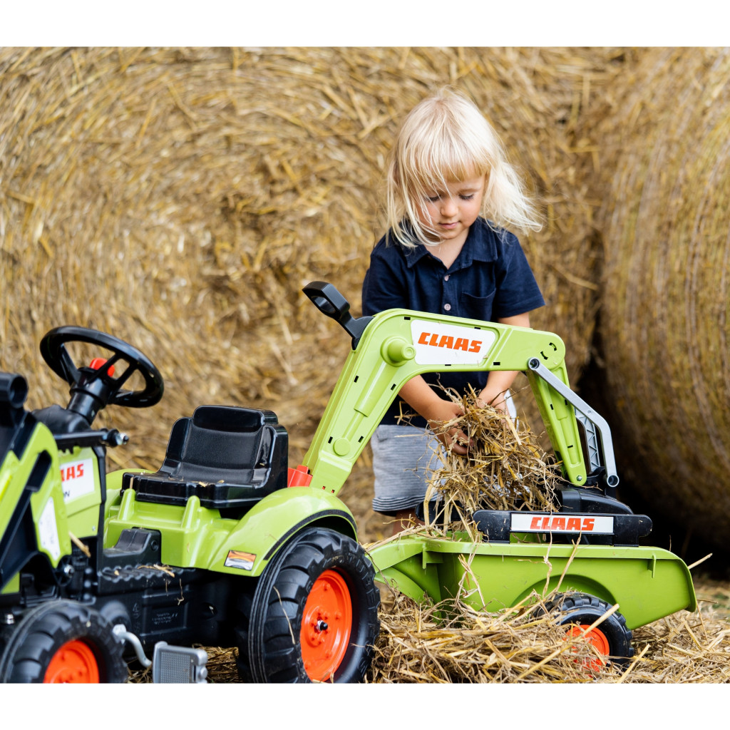 FALK CLAAS Arion pedálos traktor markolóval és utánfutóval