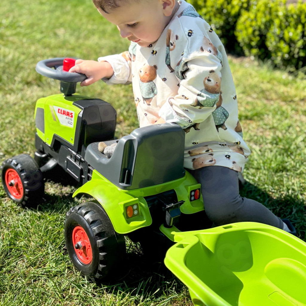 FALK Baby Claas Axos 310 zöld lábbal hajtós traktor utánfutóval