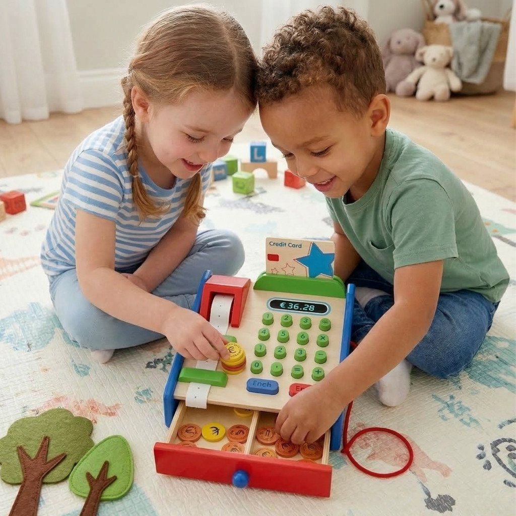 VIGA fa pénztárgép Montessori szkennertartozékokkal