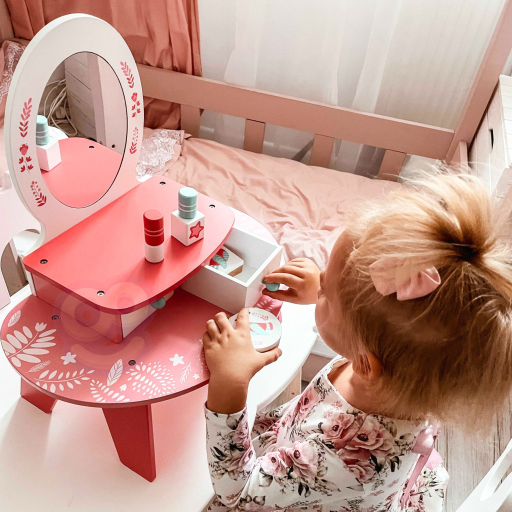 TOOKY TOY Rózsaszín fa smink fésülködőasztal tükörrel