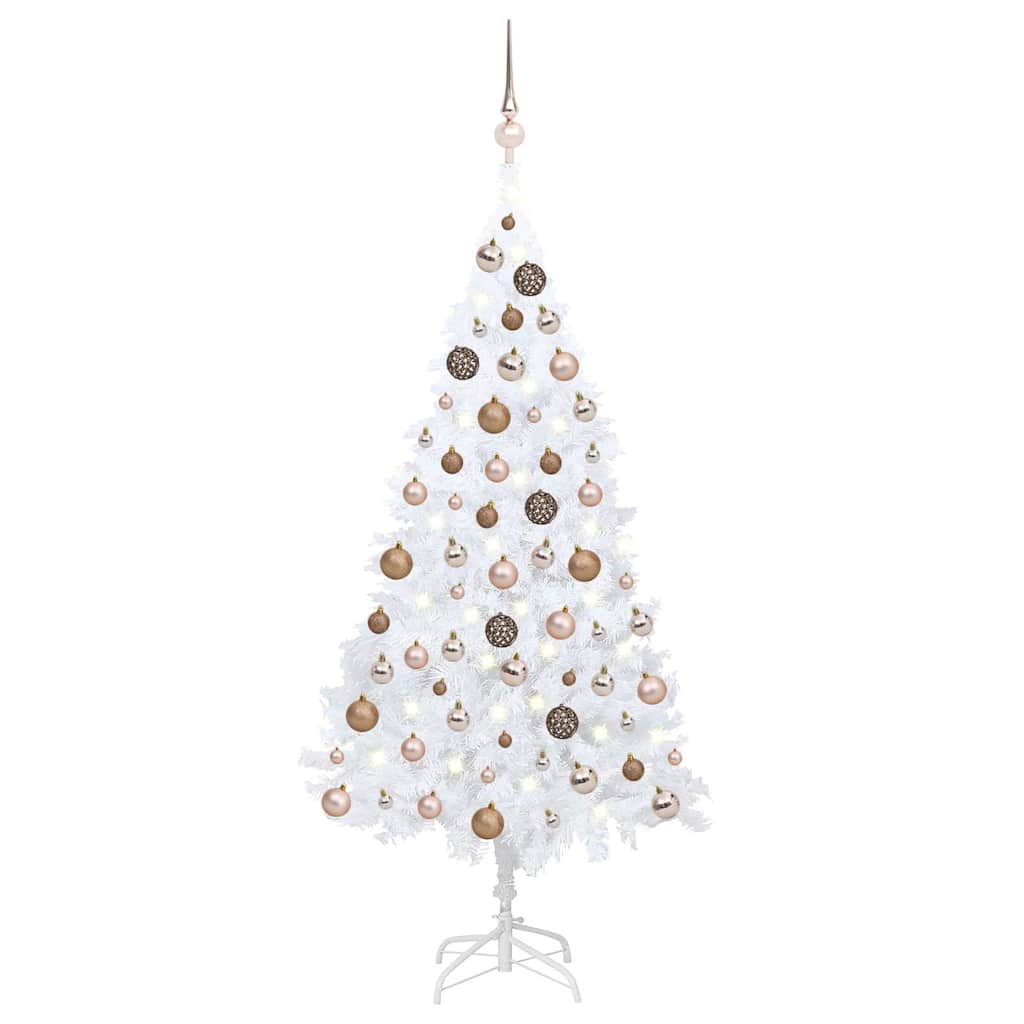 Műkarácsonyfa gömbdíszekkel, 120 cm, fehér, 150 LED
