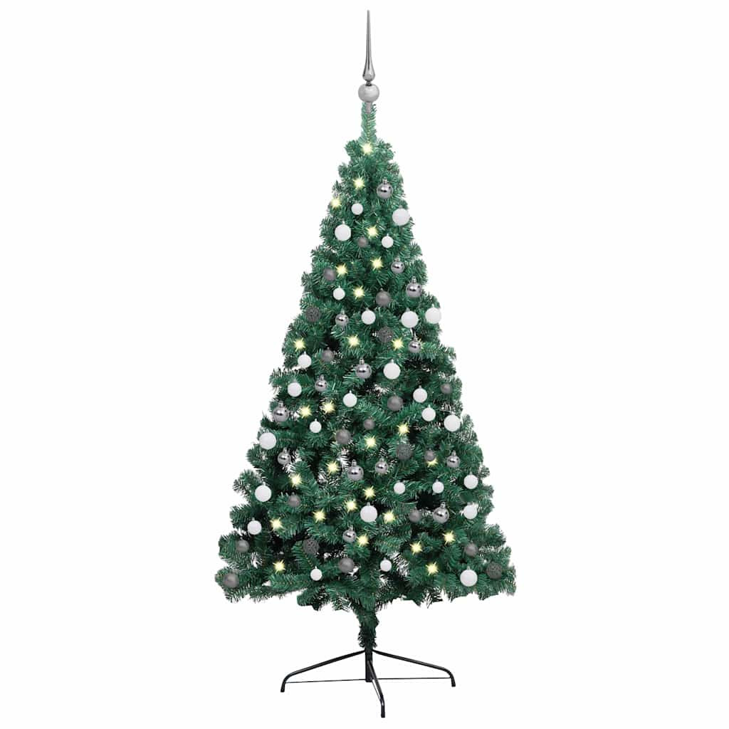 Fél műkarácsonyfa gömbdíszekkel, 150 cm, zöld, 150 LED