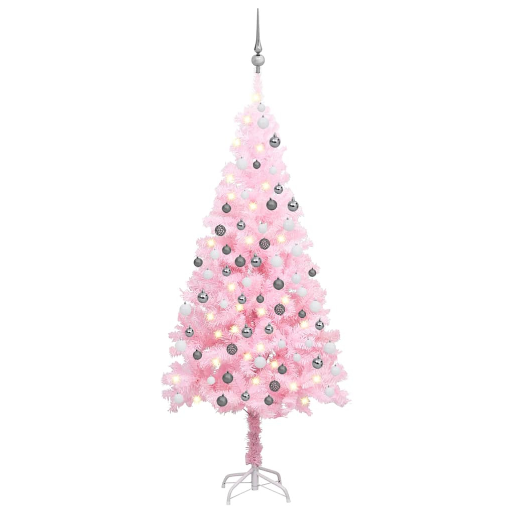 Műkarácsonyfa gömbdíszekkel, 180 cm, rózsaszín, 150 LED