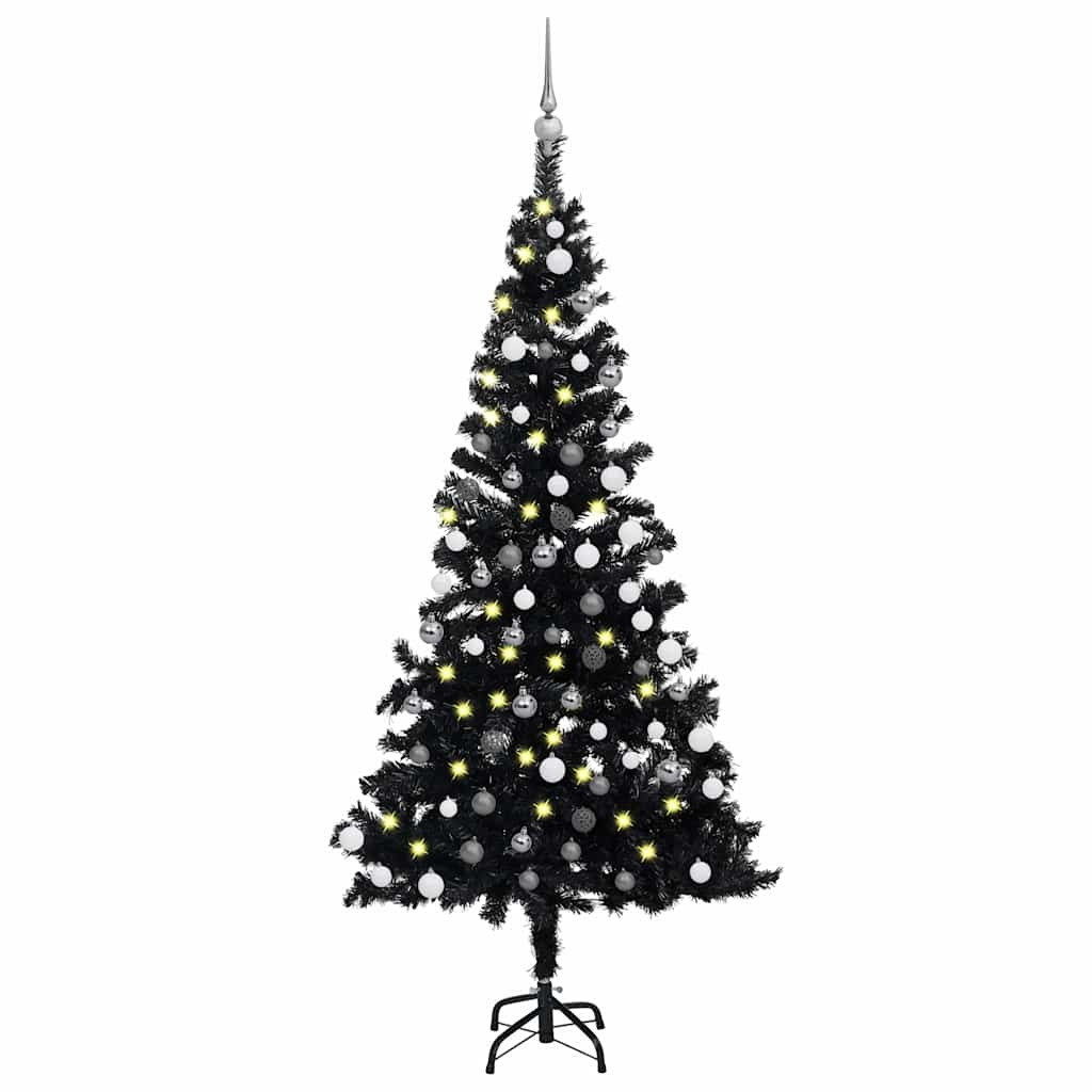 Műkarácsonyfa gömbdíszekkel, 180 cm, fekete, 150 LED