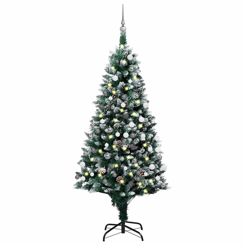 Műkarácsonyfa gömbdíszekkel, 180 cm, zöld és fehér, 150 LED