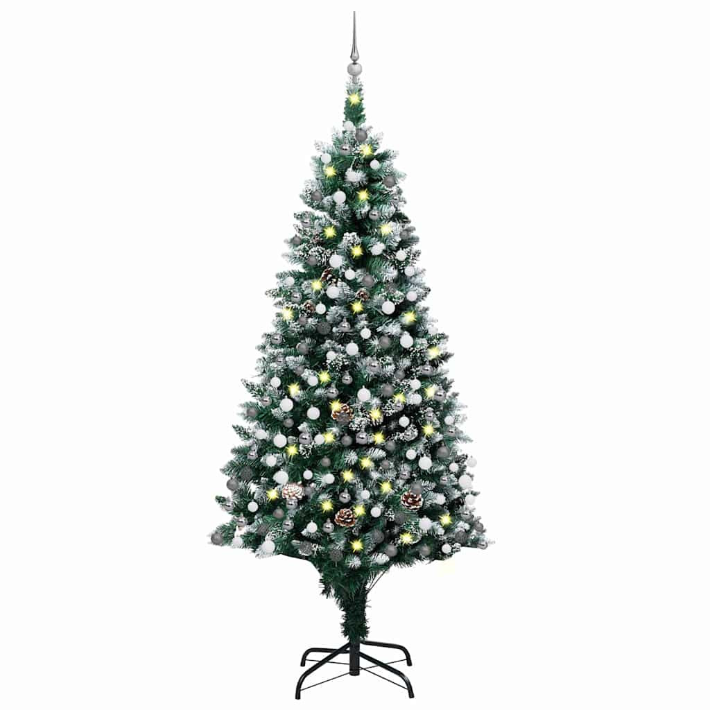 Műkarácsonyfa gömbdíszekkel, 210 cm, zöld és fehér, 300 LED