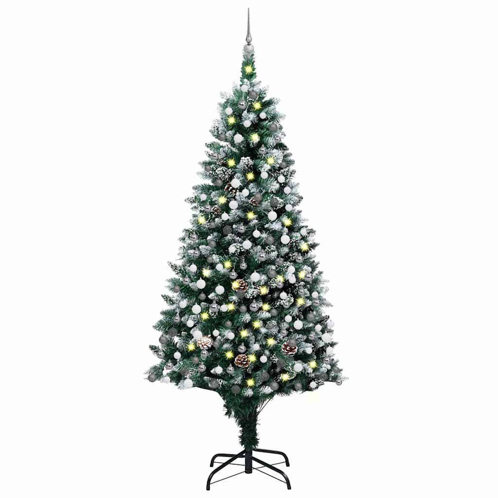 Műkarácsonyfa gömbdíszekkel, 240 cm, zöld és fehér, 300 LED