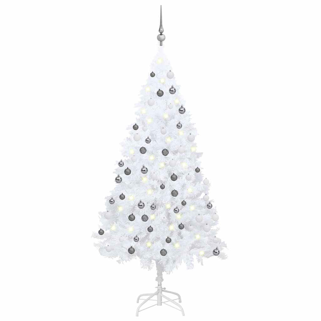 Műkarácsonyfa gömbdíszekkel, 150 cm, fehér, 150 LED