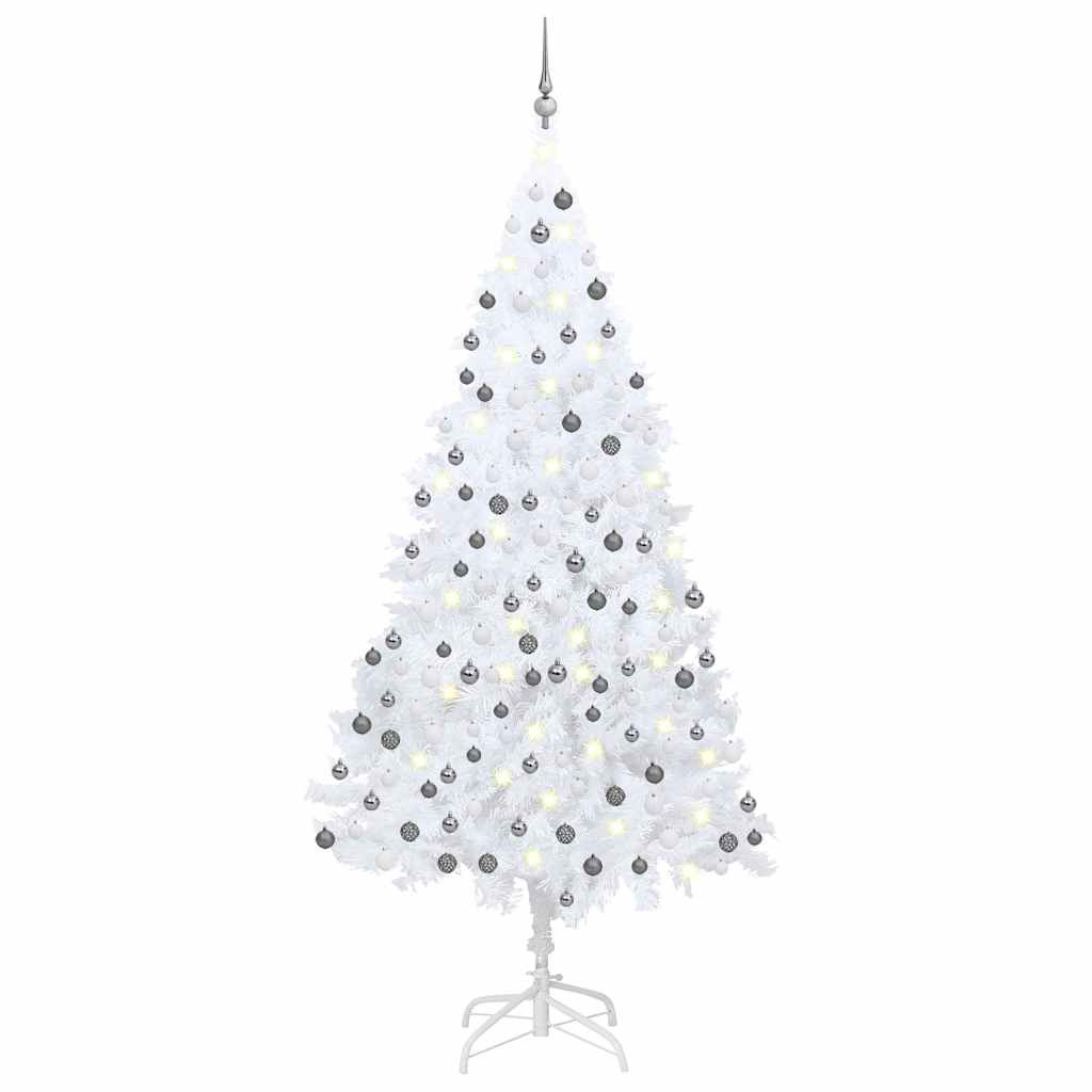 Műkarácsonyfa gömbdíszekkel, 240 cm, fehér, 300 LED