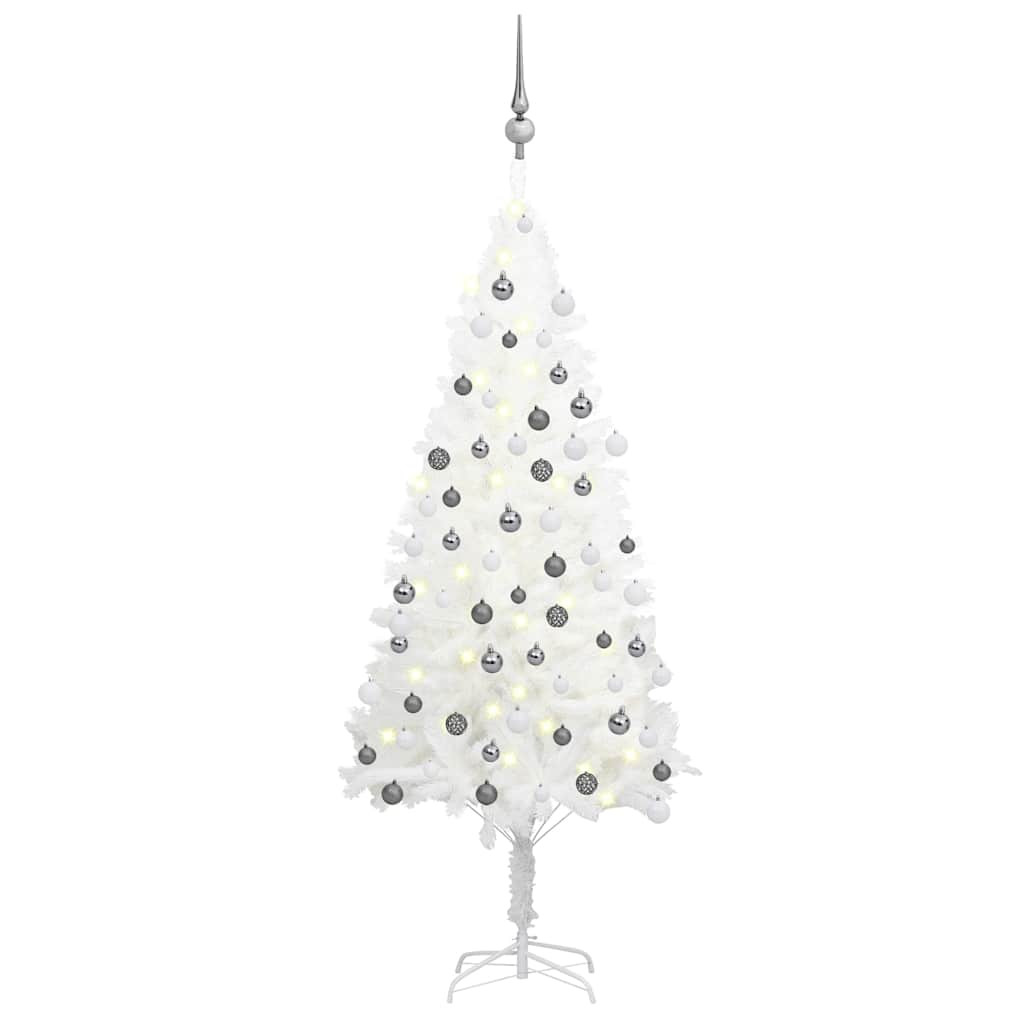 Műkarácsonyfa gömbdíszekkel, 120 cm, fehér, 150 LED