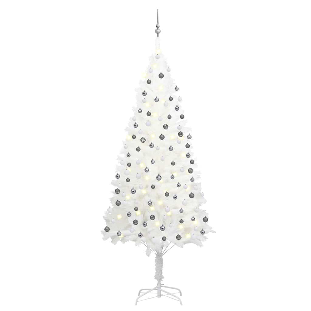 Műkarácsonyfa gömbdíszekkel, 240 cm, fehér, 300 LED