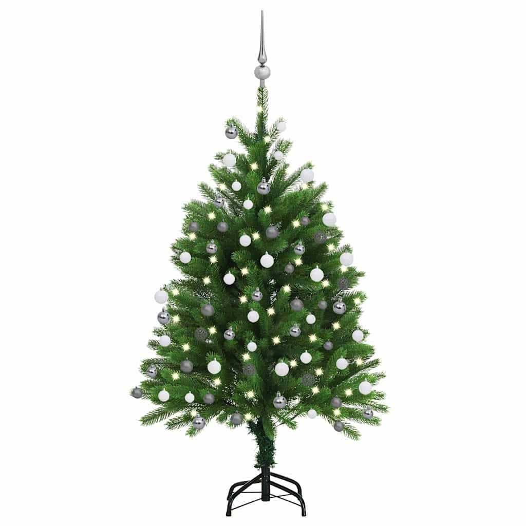 Műkarácsonyfa gömbdíszekkel, 120 cm, zöld, 150 LED