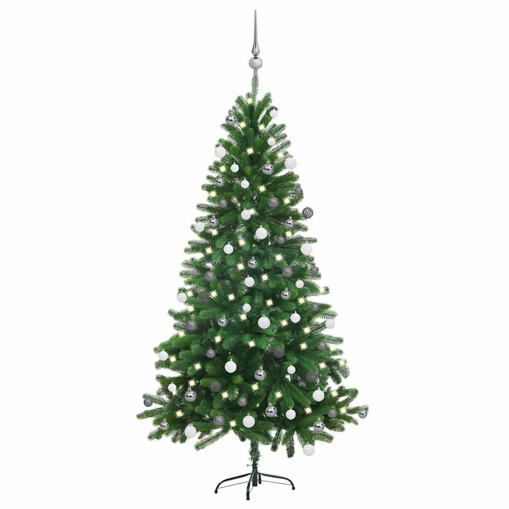 Műkarácsonyfa gömbdíszekkel, 150 cm, zöld, 150 LED