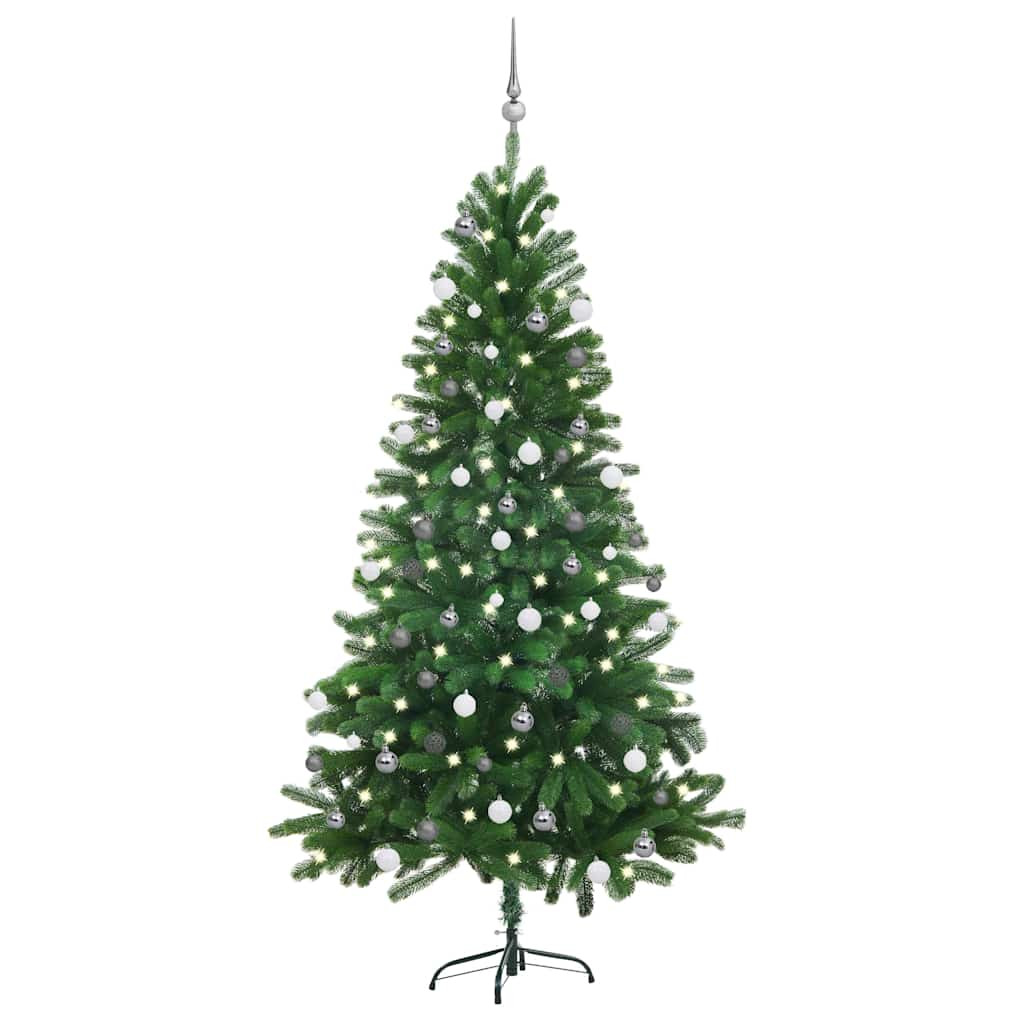 Műkarácsonyfa gömbdíszekkel, 180 cm, zöld, 150 LED