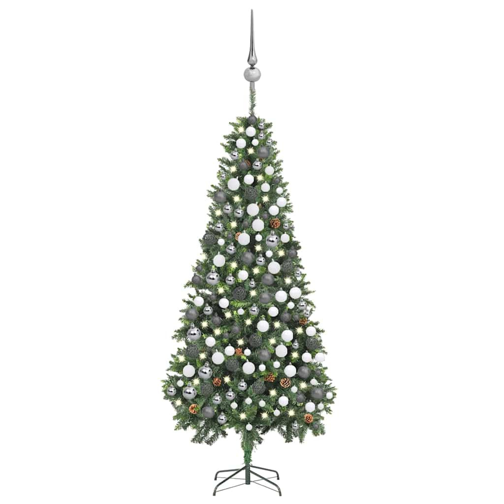 Műkarácsonyfa gömbdíszekkel, 210 cm, zöld, 300 LED