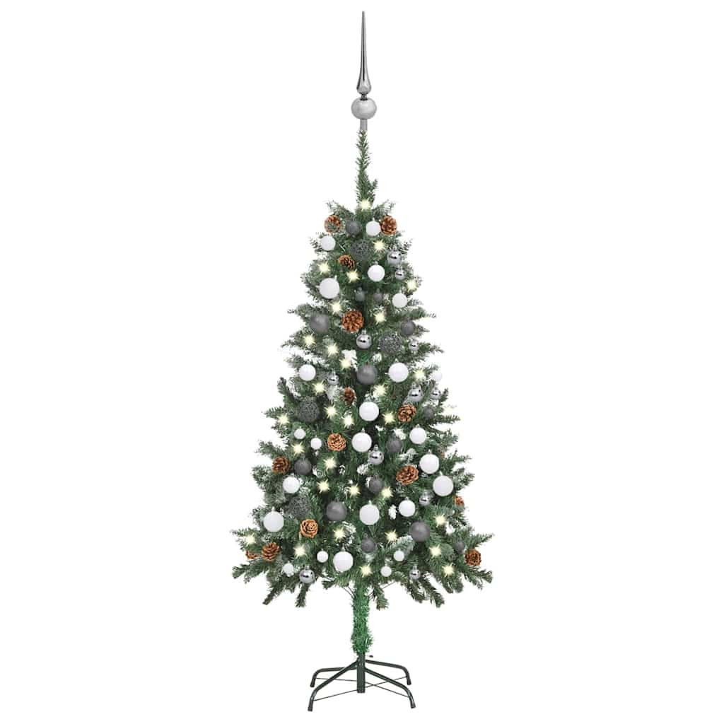 Műkarácsonyfa gömbdíszekkel, 150 cm, zöld és fehér, 150 LED