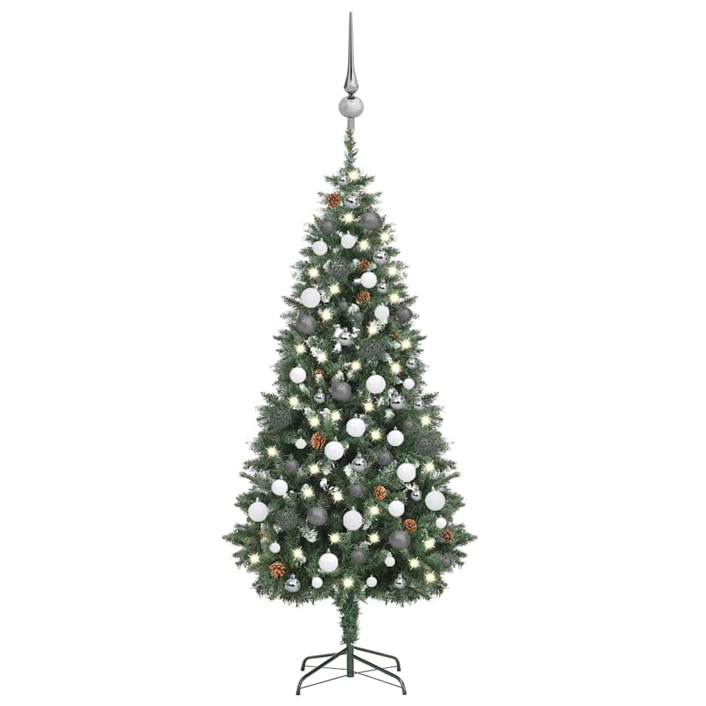 Műkarácsonyfa gömbdíszekkel, 180 cm, zöld és fehér, 150 LED