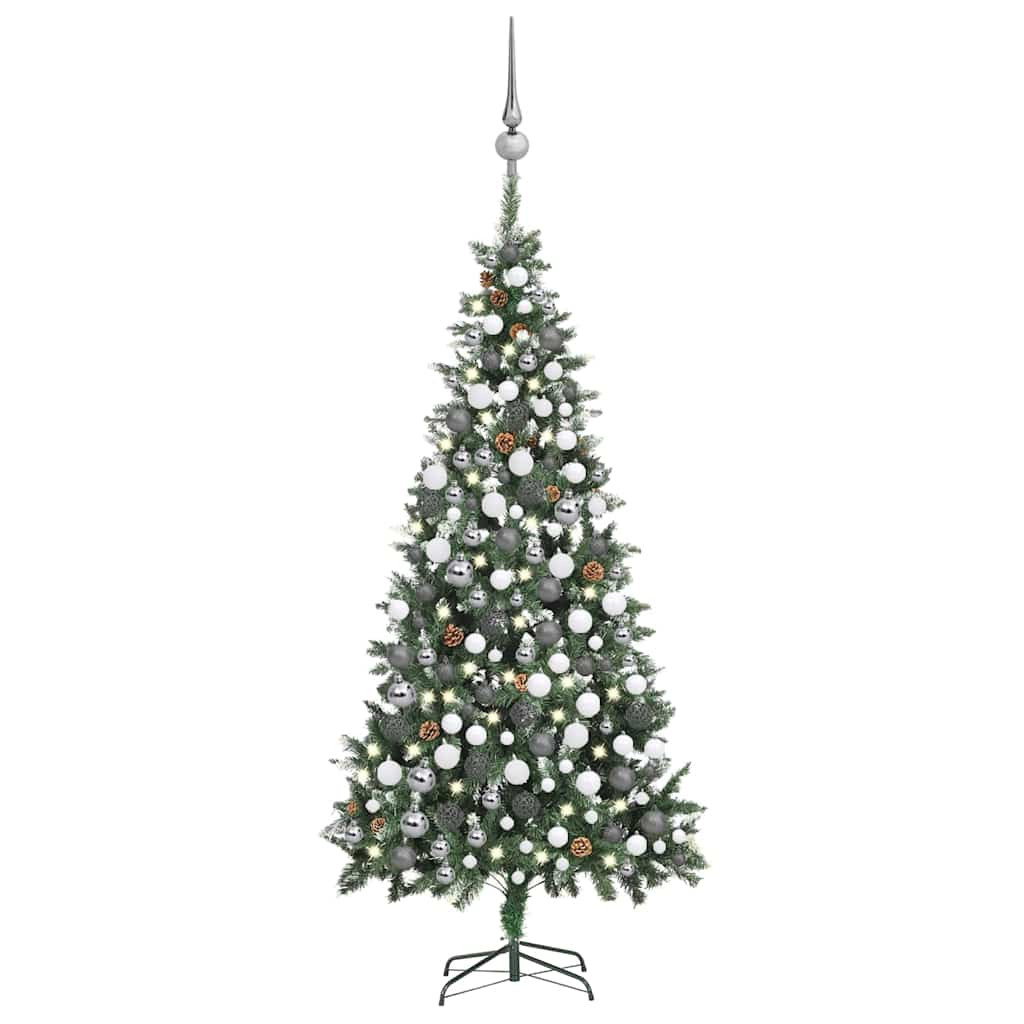 Műkarácsonyfa gömbdíszekkel, 210 cm, zöld és fehér, 300 LED