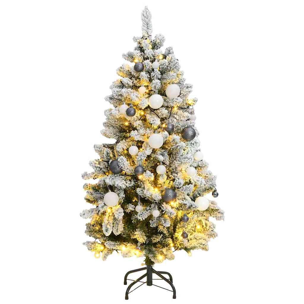 Műkarácsonyfa gömbdíszekkel zsanéros ágakkal, 150 cm, zöld és fehér, 150 LED
