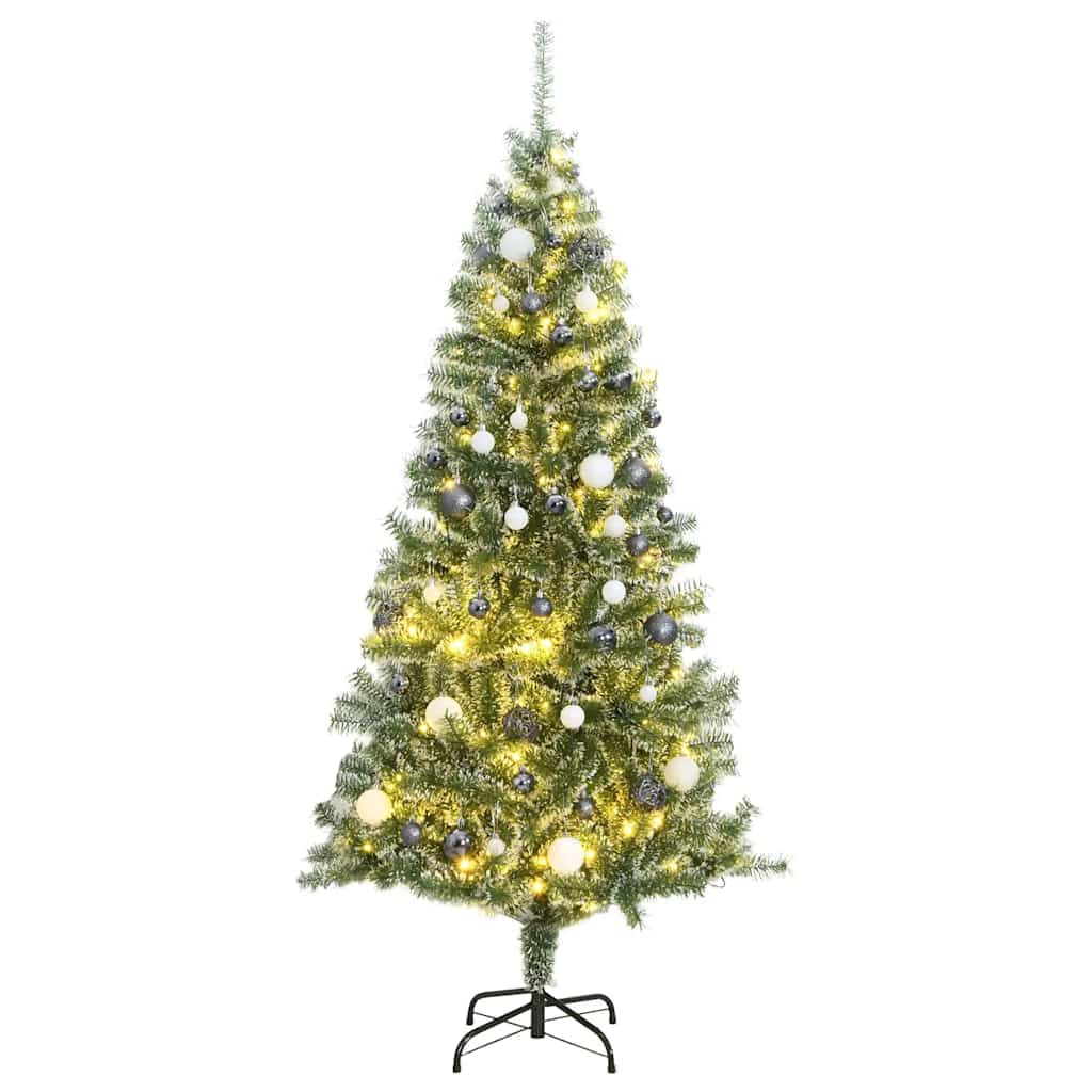 Műkarácsonyfa gömbdíszekkel, 210 cm, zöld és fehér, 300 LED