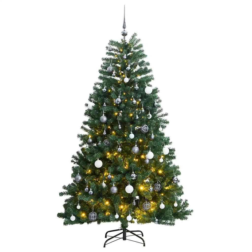 Műkarácsonyfa gömbdíszekkel zsanéros ágakkal, 210 cm, zöld, 300 LED
