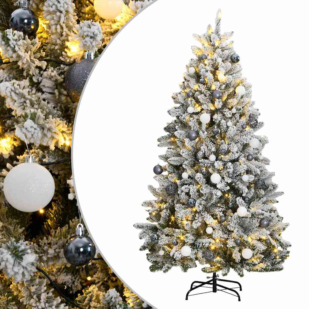 Műkarácsonyfa gömbdíszekkel zsanéros ágakkal, 180 cm, zöld és fehér, 300 LED