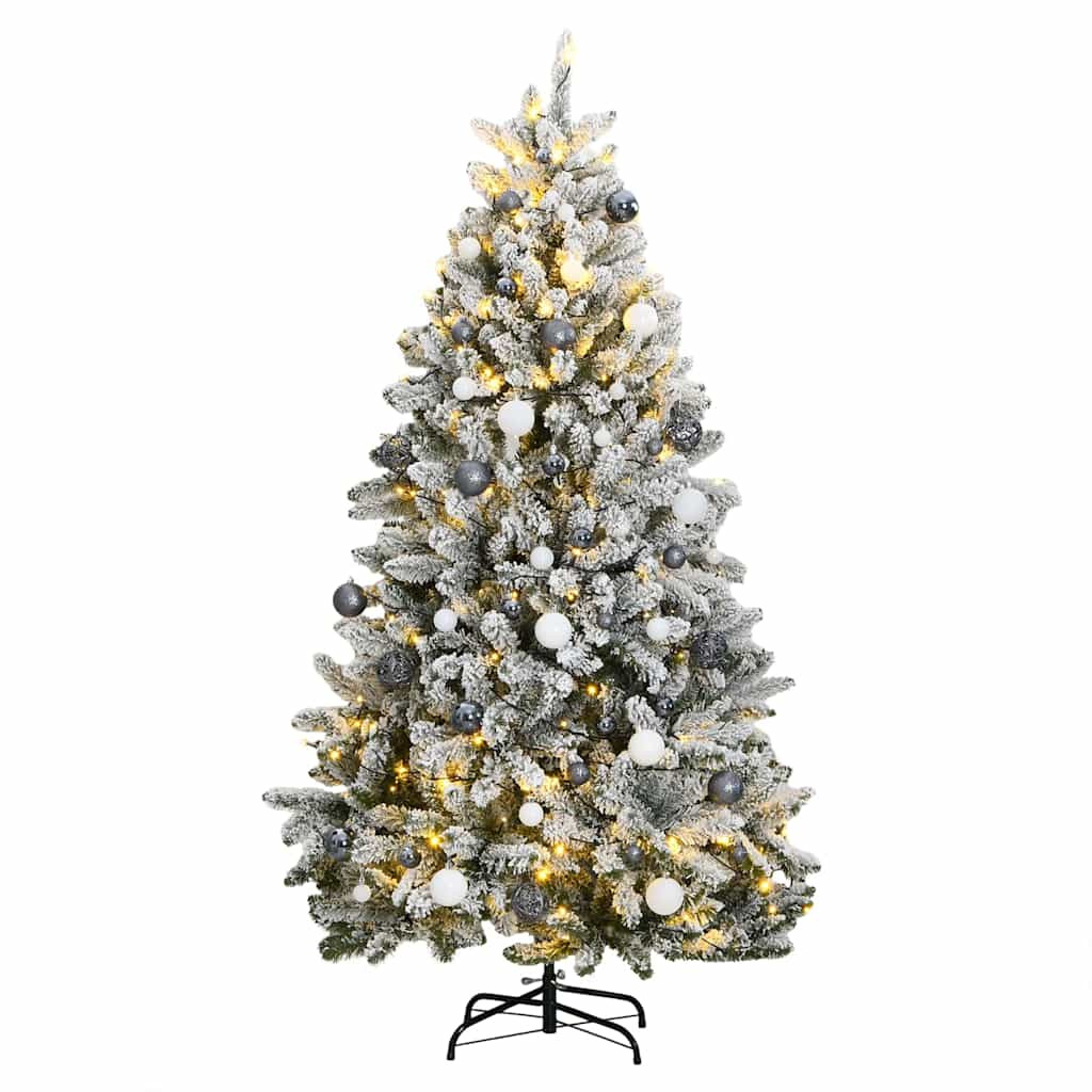 Műkarácsonyfa gömbdíszekkel zsanéros ágakkal, 270 cm, zöld és fehér, 300 LED