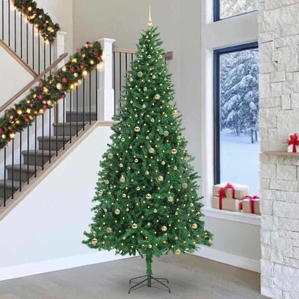 Műkarácsonyfa gömbdíszekkel, 300 cm, zöld, 300 LED, meleg fehér fény
